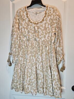 NWOT Anthropologie Mahila Embroidered Golden Yellow White Dress Sz M Tie Tiered